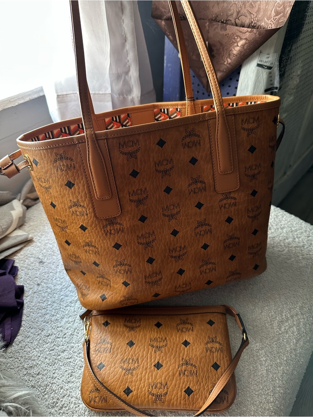 MCM Cognac Leather Shopper Tote with Matching Wristlet - Picture 3 of 5
